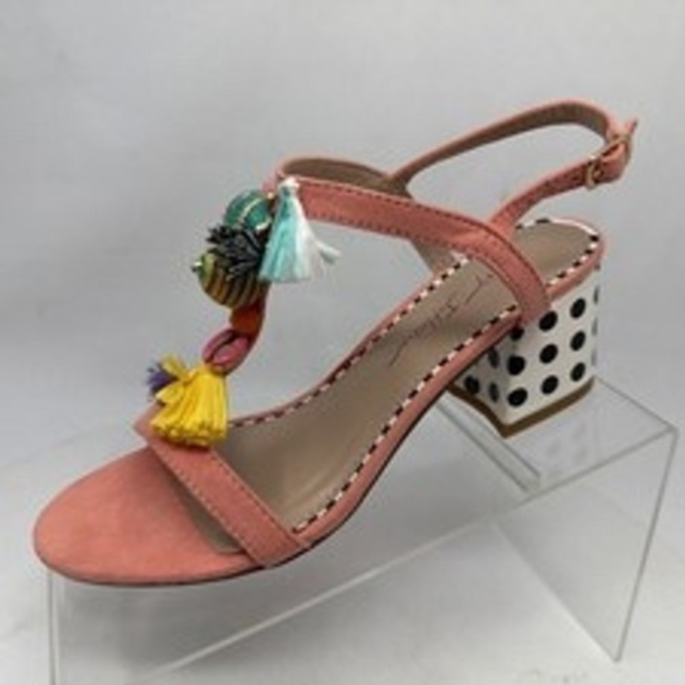 Betsey Johnson Pink Suede Tassel Shell Charm Block Heel Sandals Boho Coastal 8